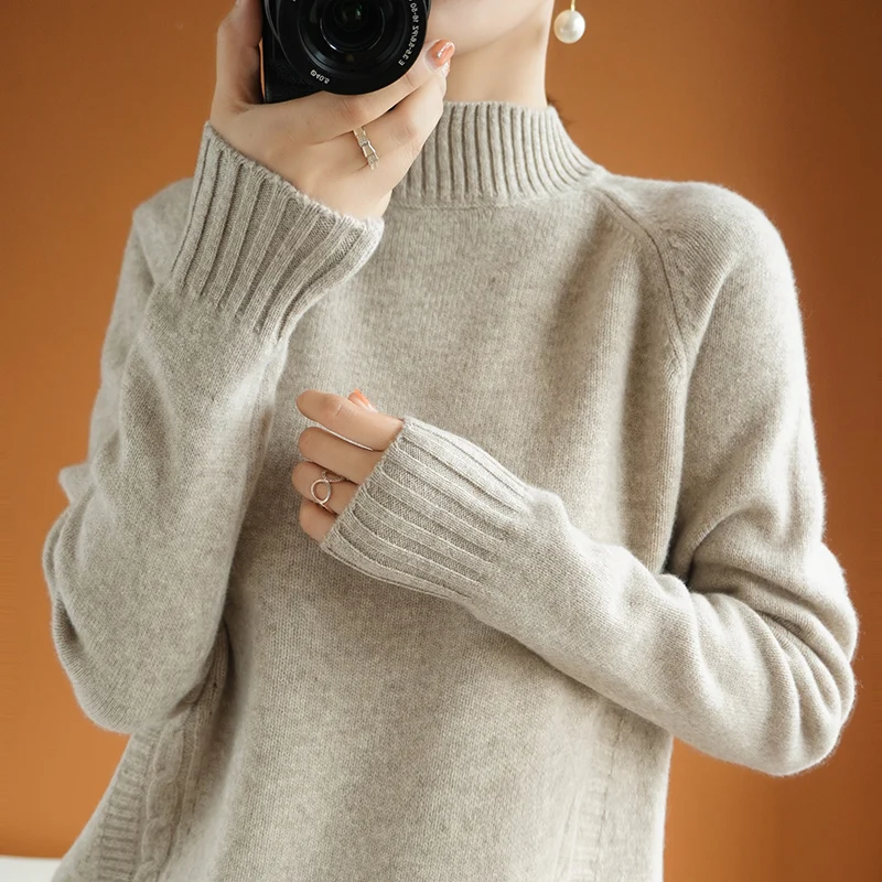 

jumper women half turtleneck sweater winter thick striped sleeves collar solid wool pullover casual short casual loose sweaters