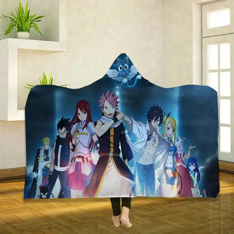 

Anime Fairy Tail 3D Printing Throw Hooded Blanket Wearable Warm Fleece Bedding Office Quilts Soft Adults Travel