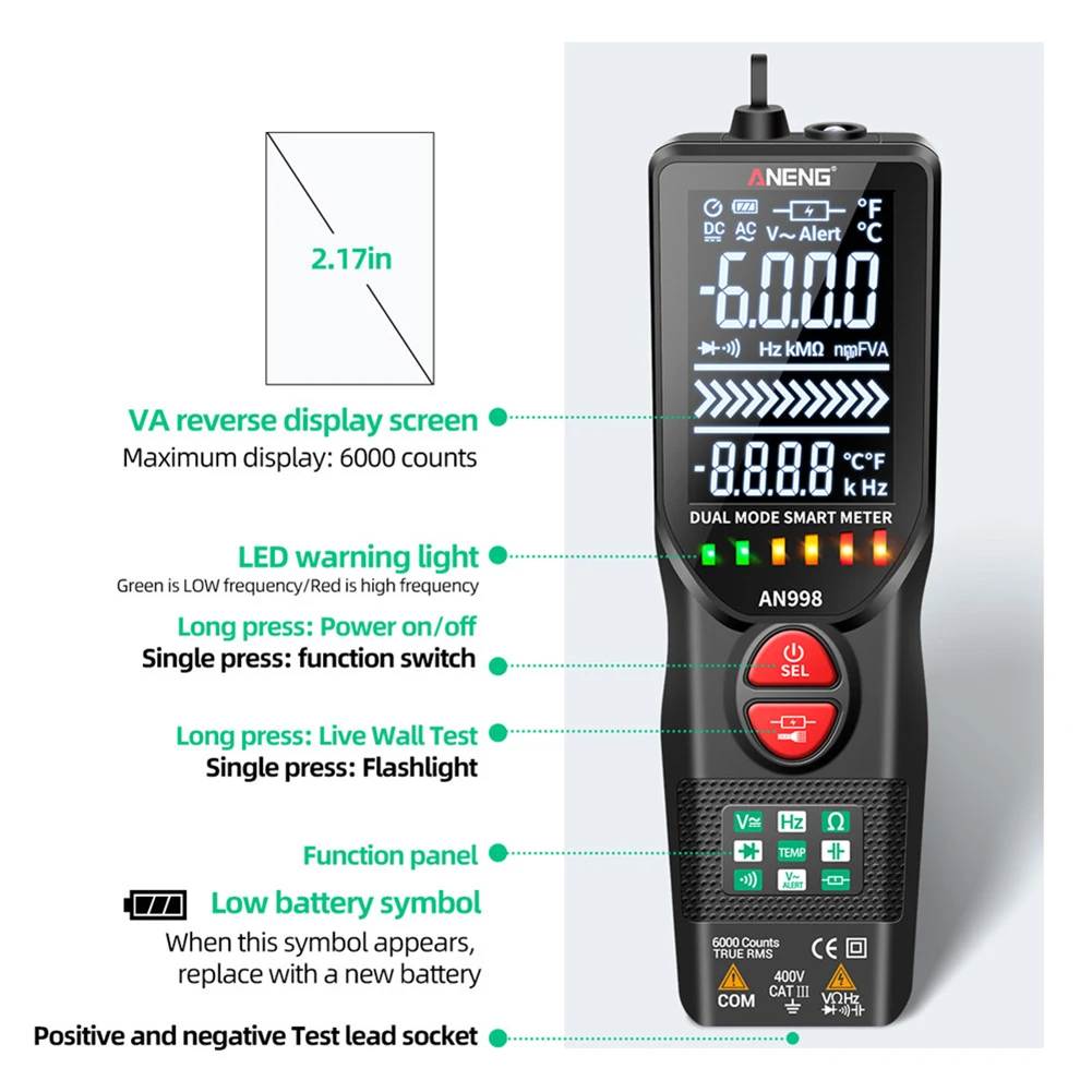 

ANENG AN998 Automatic Digital 6000 Counts Professional Multimeter Eletric Auto Ranging AC/DC Voltmeter Temp Ohm Hz Detector Tool