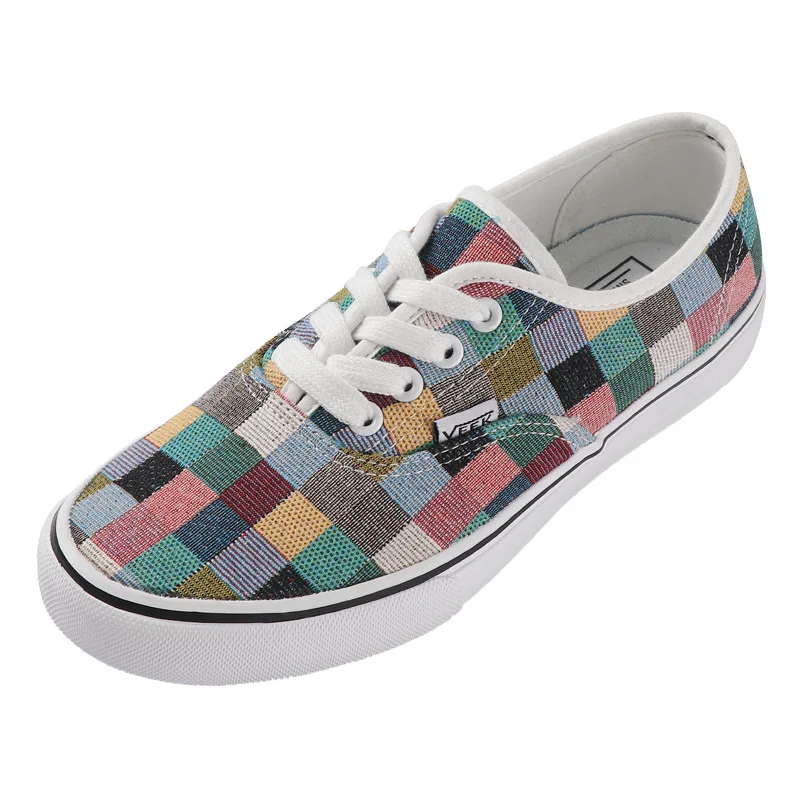 

New Multi-color Plaid Stitching Ins One Pedal Canvas Shoes Women Students Lace-Up Breathable Personality Trend Canvas Shoes