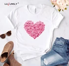 Хлопковая женская футболка Lusumily, белая, розовая, с цветочным принтом в виде сердца, повседневная, летняя