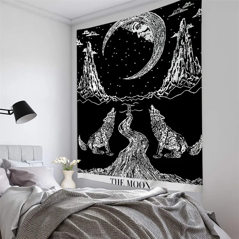 

Psychedelic Tarot Cat Tapestry Wall Hanging Hand Hippie Moon Wolf Witchcraft Decor Tapestries Indian Mandala Wall Carpet Blanket