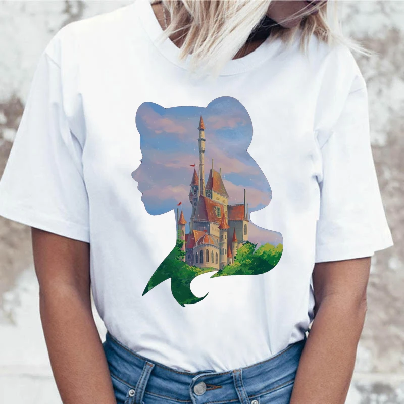 

Beauty Landscape Silhouette Printing Princess Castle Disney T-shirt Casual Female Funny Short Sleeve Creative Women Cartoon Tee