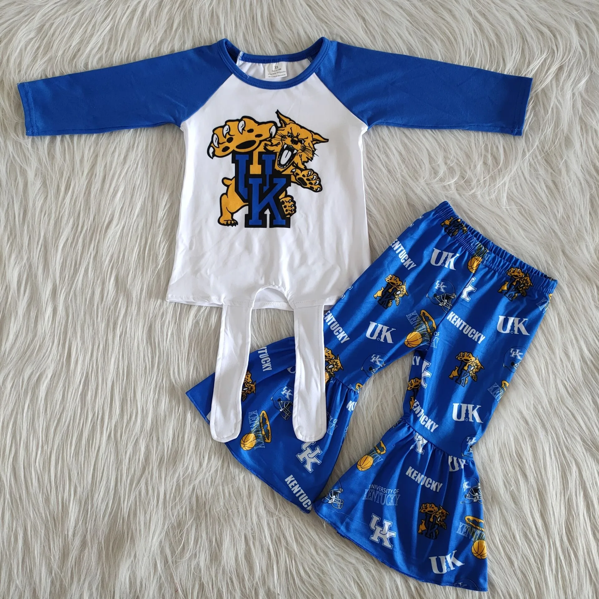 

Fall/Winter UK Kentucky Blue Outfits Long Sleeves Shirt Bell Bottom Pants Kids Sets Children Clothes Boutique New Arrived