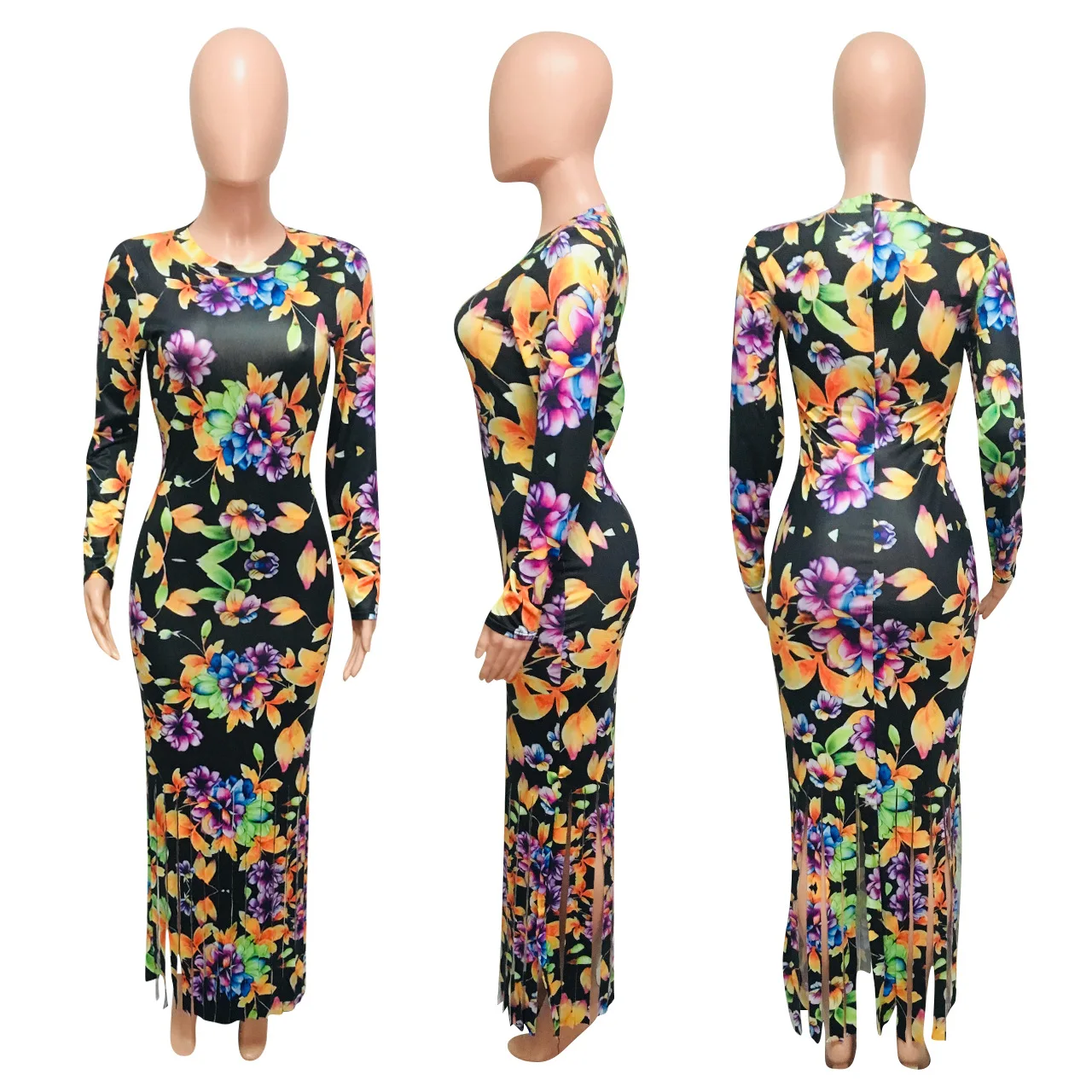 

2020 Autumn New Dress European and American Women's Tassel Printed Long-Sleeved Dress