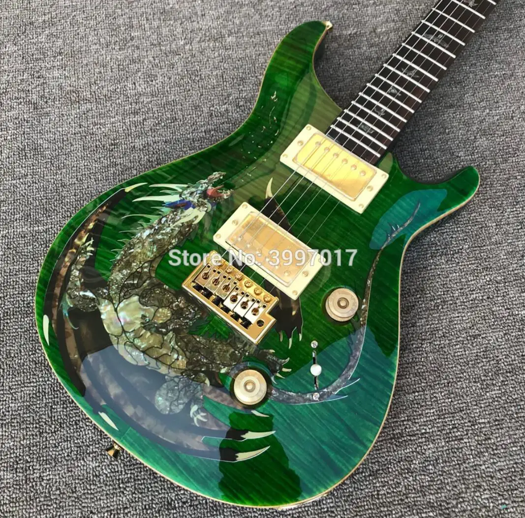 

1999 Custom 22 Dragon 2000 Green Flame Maple Top Electric Guitar Abalone Birds Inlay,Double Locking Tremolo, Wood Body Binding