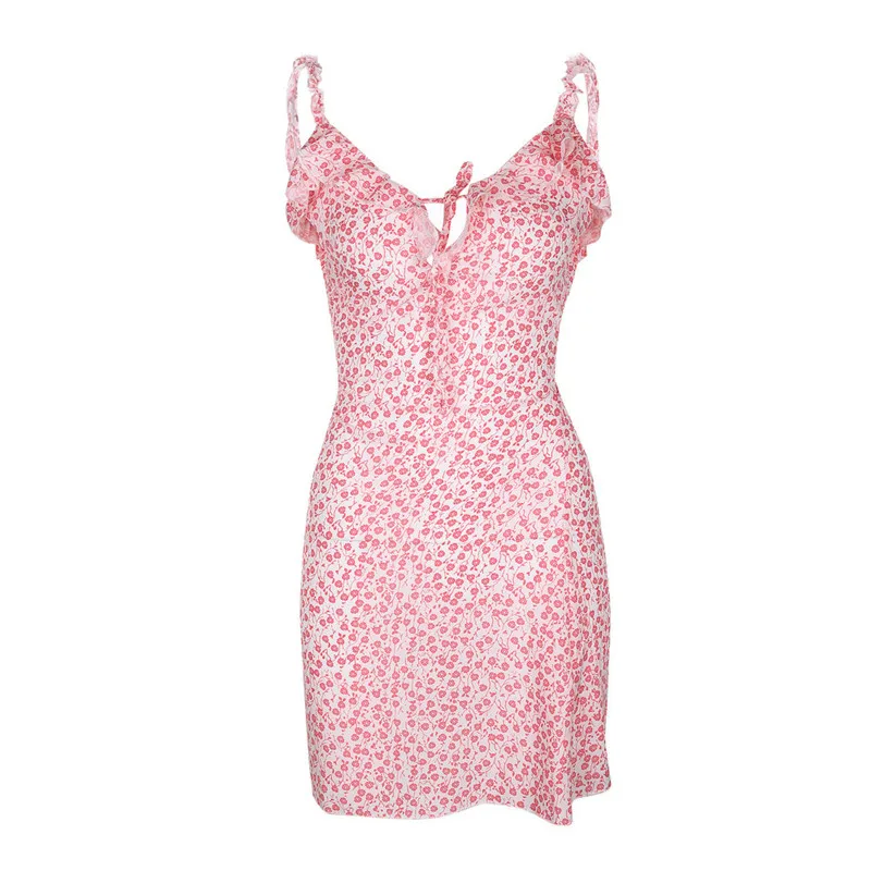

Summer Women Blue Small Flower Print Mini Dress Sexy V-neck Spaghetti Strap Dress Tie Design Office Ladies Dresses Pink Vestidos