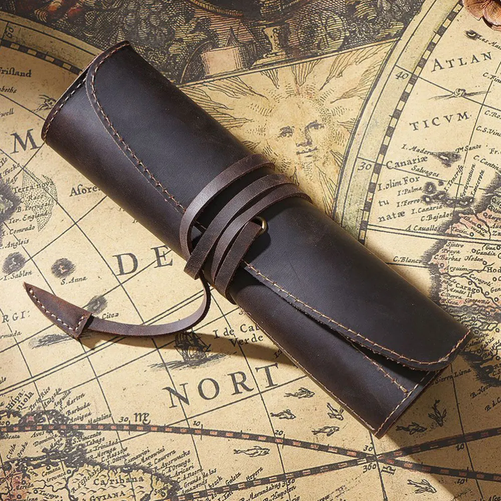 

Vintage Retro Roll Leather Pen Pouch Holder Pencil Bag Pen Case for Rollerball Fountain Ballpoint Pen