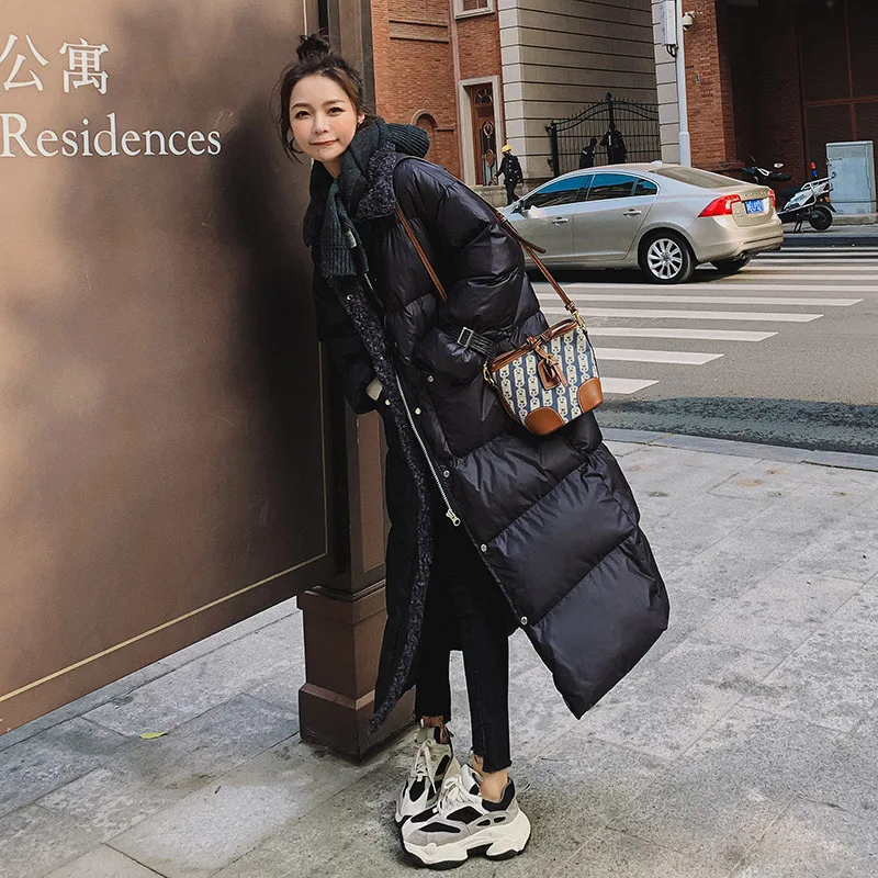 Women's Winter Mid-Length Black Shiny White Duck Down Cotton Coat Korean Style Loose Thick Lamb Wool Stitching Jacket Female M86 | Женская