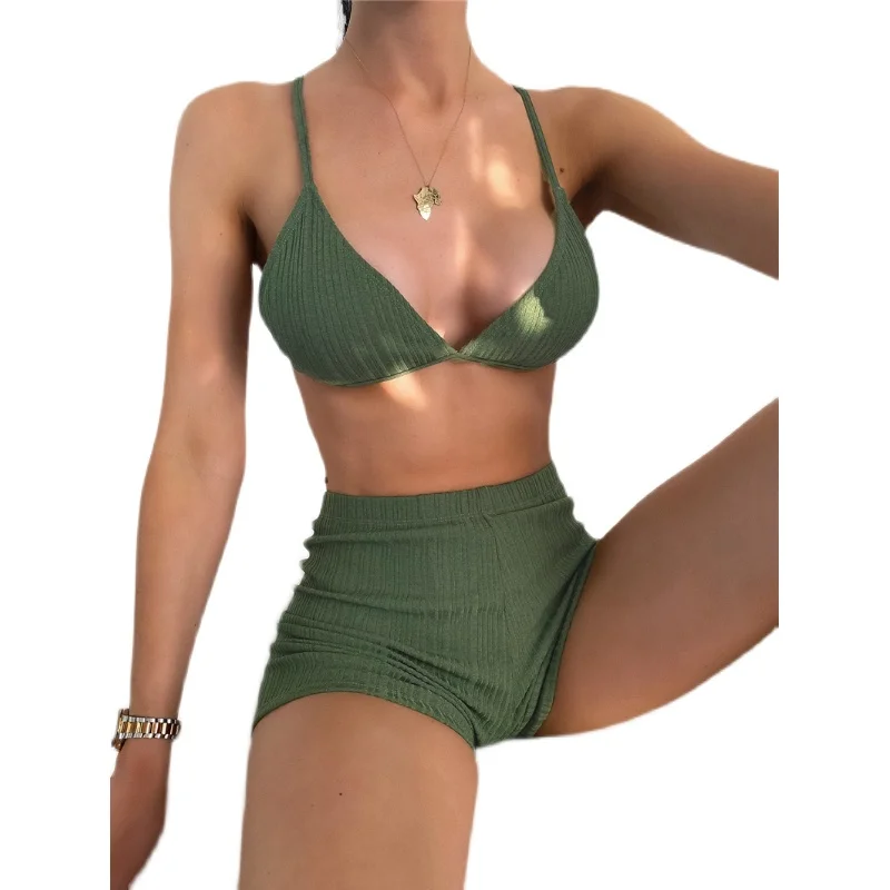 

2022 New High Waist Sexy Bikini V Neck Swimsuit Solid Green Swimwear Beach Bathing Suit Women Beachwear