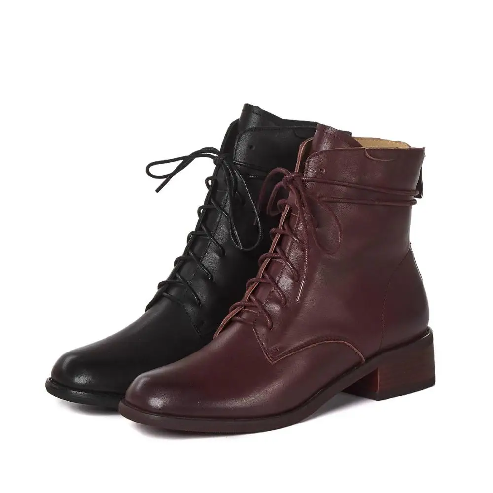 

Vichelo Hot short boots genuine leather vintage handmade round toe thick med heel back zip cross-tied leisure ankle boots L6f1