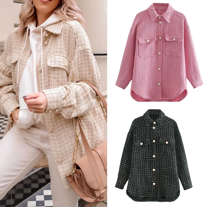 

Женский блейзер на пуговицах, повседневный однобортный свободный пиджак в клетку, с жемчужным принтом, Осень-зима 2020