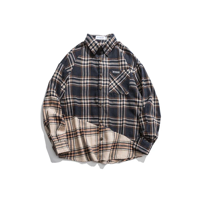 

Henry Plaid stitching loose couple autumn long sleeve shirt men's BF Harajuku 2020 new Korean fashion
