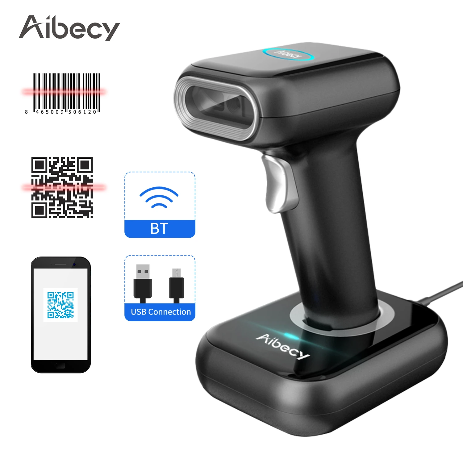 Высокоскоростной сканер штрих-кода Aibecy 1D/2D/QR 2 4G беспроводной и USB проводной