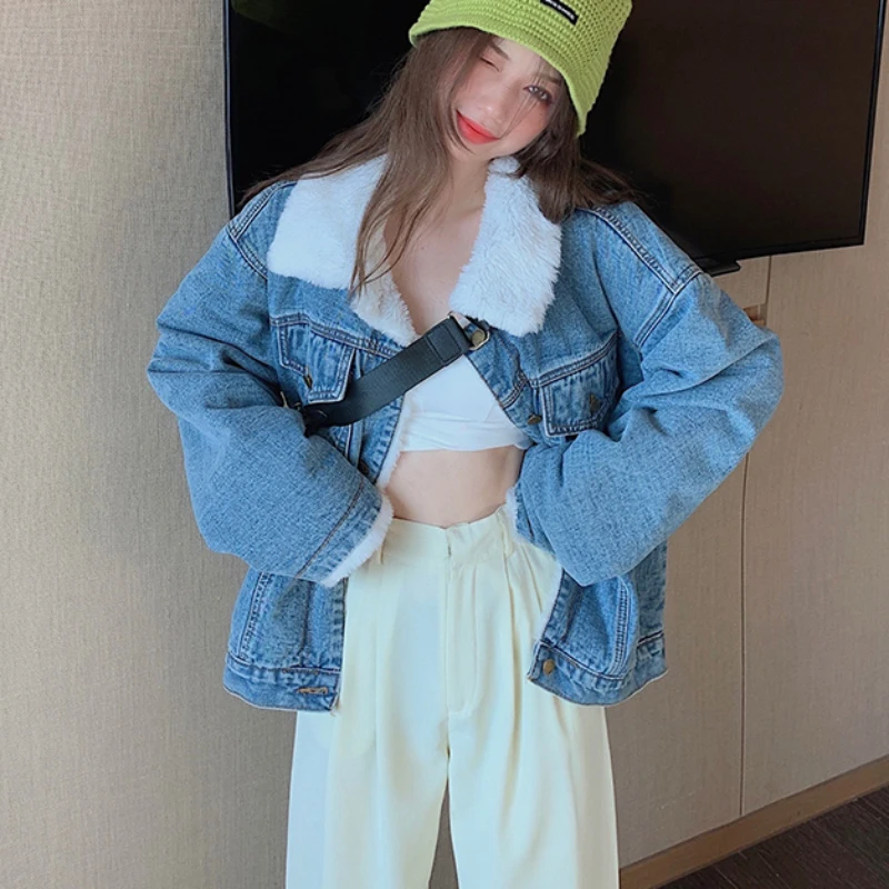 Женская джинсовая куртка-карго JMPRS Короткая свободная куртка с бархатной