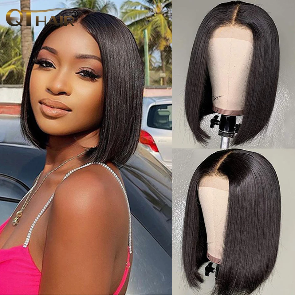 

Straight Bob Wig 4*1 Bob Lace Closure Wig Brazilian Bob Human Hair T Part Straight Hunman Hair Wig For Women Remy QT Hair