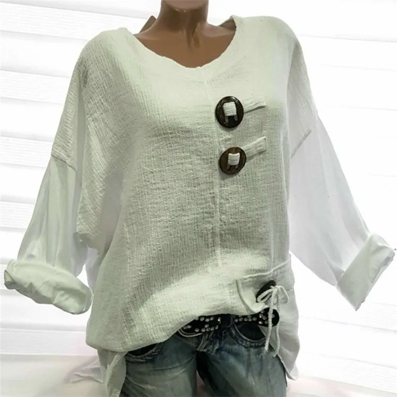 2019 Новая женская рубашка из хлопка и льна одноцветная с круглым вырезом длинными