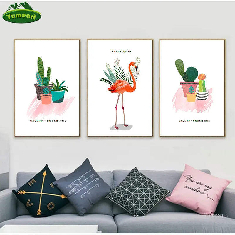 Nordic Розовый фламинго и кактусами для зеленые тропические растения настенный
