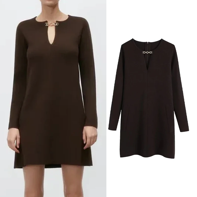 

Женское трикотажное мини-платье с цепочкой Za, повседневное ТРАПЕЦИЕВИДНОЕ ПЛАТЬЕ С Длинным Рукавом для вечерние, весна-осень 2022