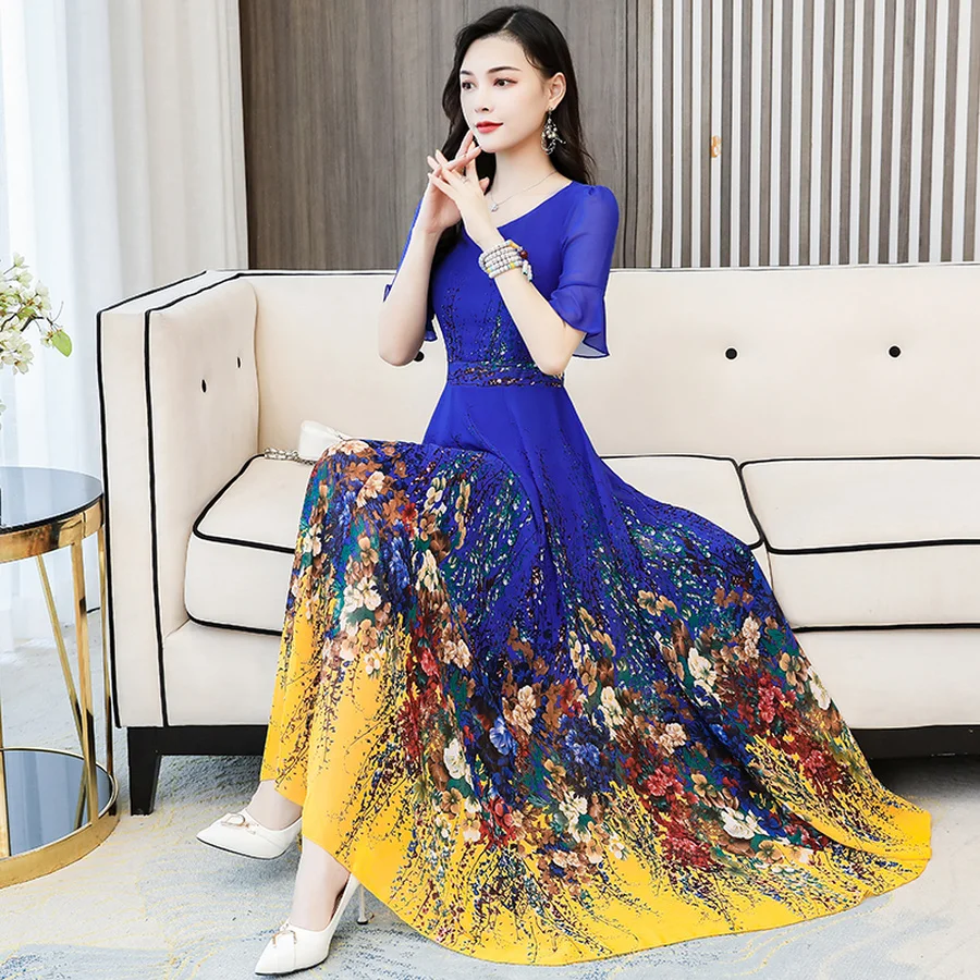 Женское шифоновое платье макси в стиле бохо элегантное винтажное облегающее с