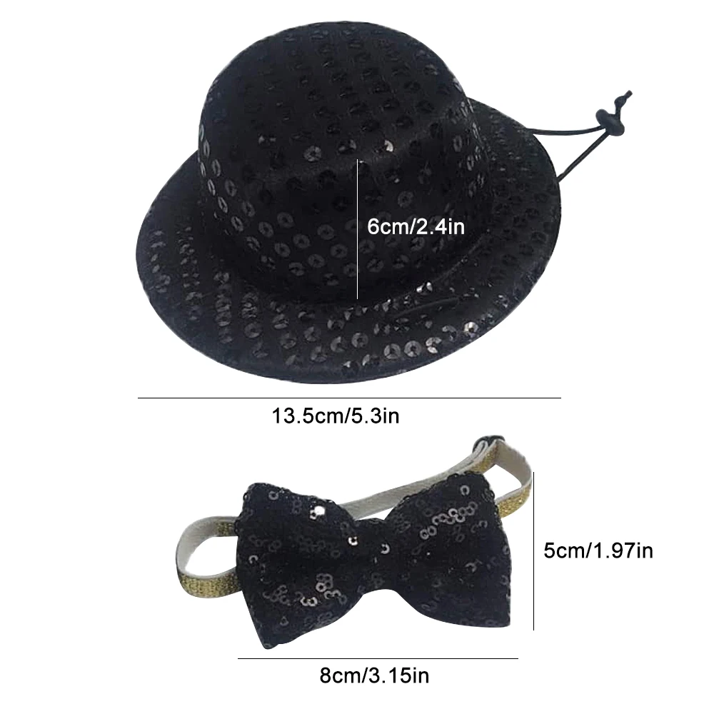 

Pet Clothing Small Dog Cat Hat Bow Tie Black Sequin Flat Top Hat Outdoor Sun Protection Photography Props Pet Accessories