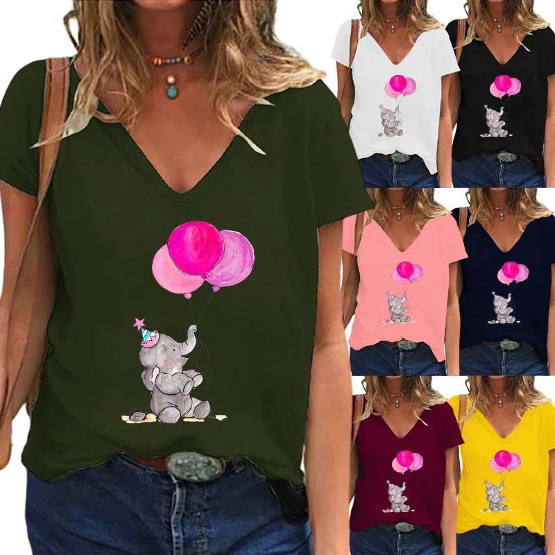 

Женская новая летняя модная футболка с принтом и глубоким V-образным вырезом, повседневный Свободный пуловер с коротким рукавом, Топ