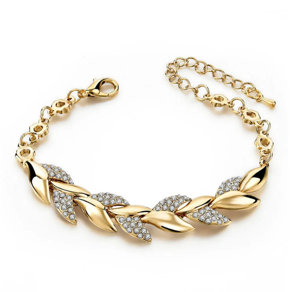 

Bohemian Style Women Girls Gold Bracelet Rhinestone Leaves Chain Bangle Luxury Wedding Jewelry Simple Elegant Jewelry Gift