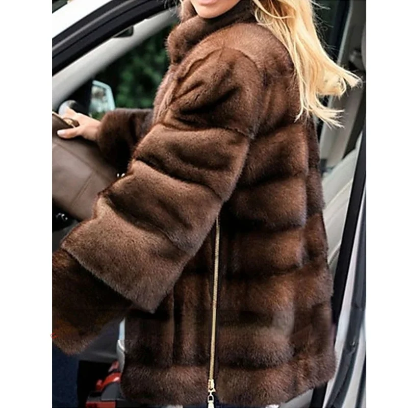 Donsignet Faux Fox Fur Vest Women Mid-length Womens Brown Coat Solid Casual Thick Warm Fur Winter Coat Women