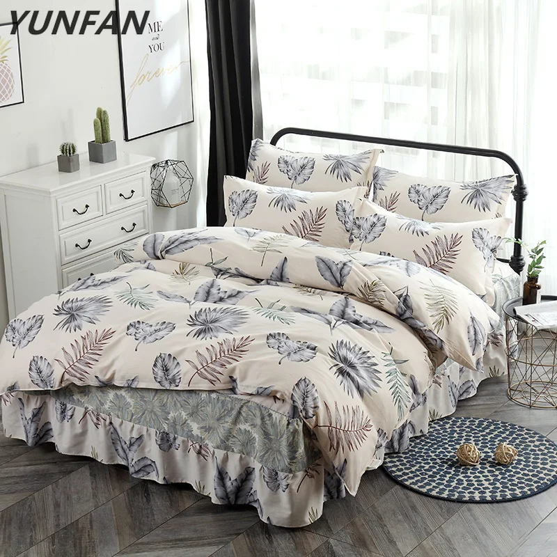 

2019 Leaves Bedding Set Cotton 4Pcs Twin full Queen King Size Duvet Cover bed skirt Pillow Cases Europe bedclothes quilt cover