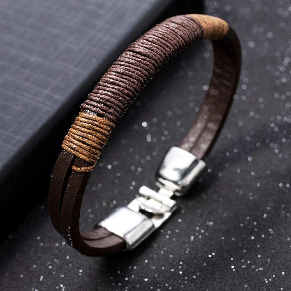 

Retro Fashion PU Metal Bracelets New Surfer Mens Vintage Hemp Wrap Leather Wristband Bracelet Cuff Black Brown Bracelet Jewerly
