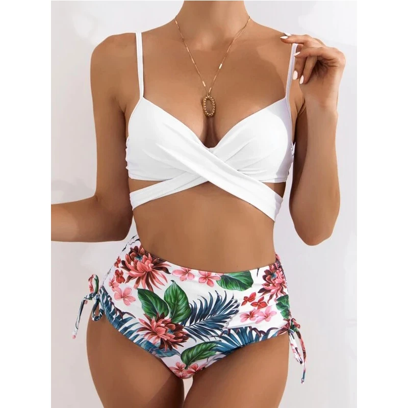 

3 Pcs High-Waist Bohemia Swimwear Set Summer Floral Print Bikini Swimsuit Beachwear Women Brazilian Push-Up Bathing Suit