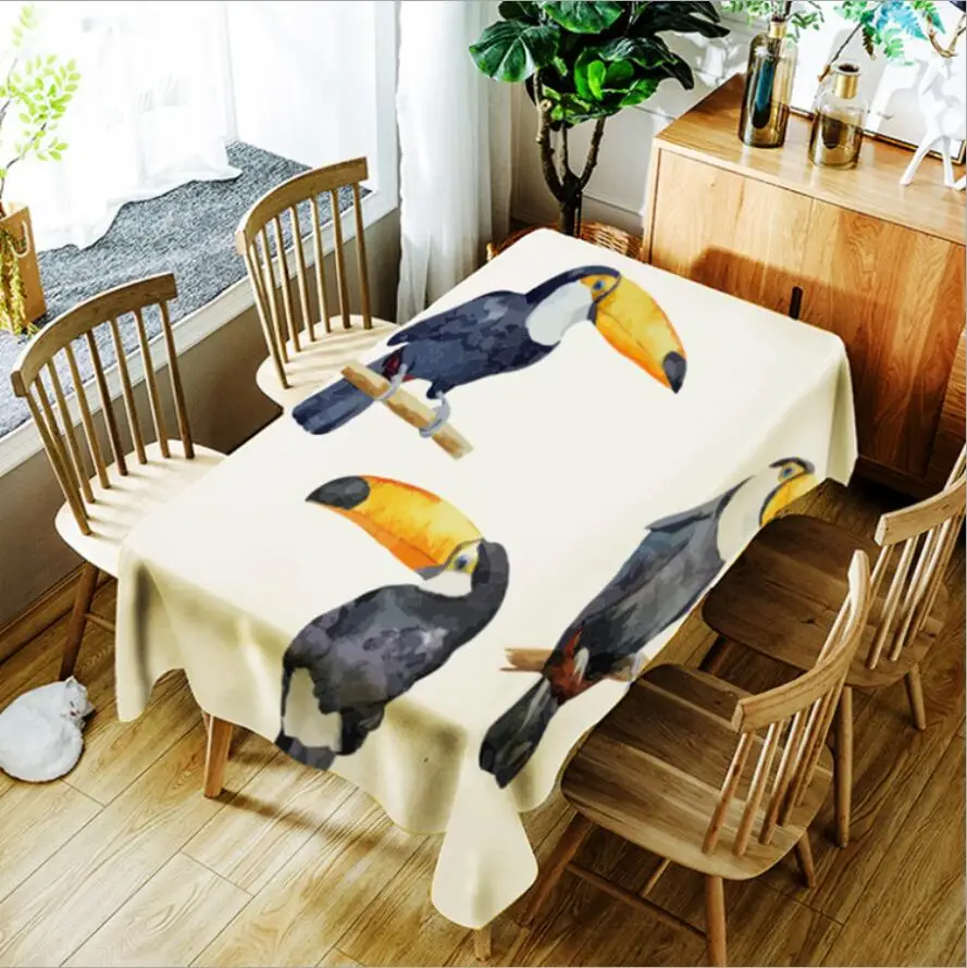 

New Watercolor Toucan Animal Digital Printing polyester Waterproof Tablecloth Washable Cotton Dustproof Rectangular Table Cloth