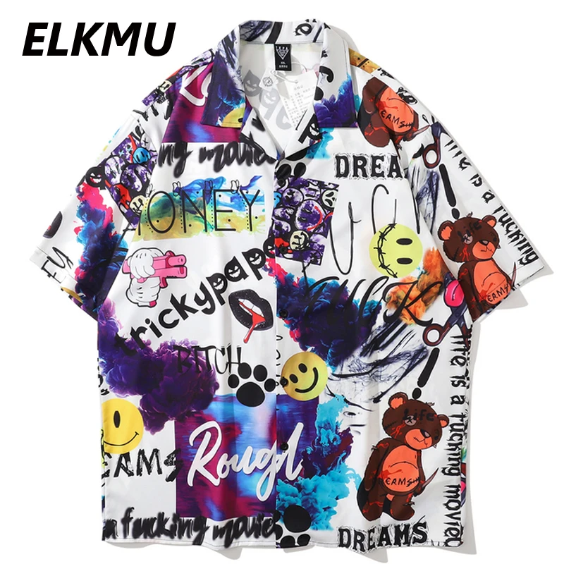 

ELKMU Hip Hop Streetwear Funny Graffiti Shirts Men Summer Short Sleeve Shirt Men Harajuku Hawaiian Beach Shirt Oversize HE943