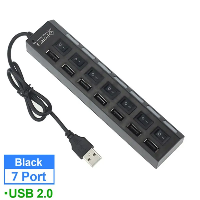 

WL17001 Hub 7 Ports Extension LED Display USB2.0 Splitter with Switch High Speed Hub Adapter for Phone Laptop Computer Black