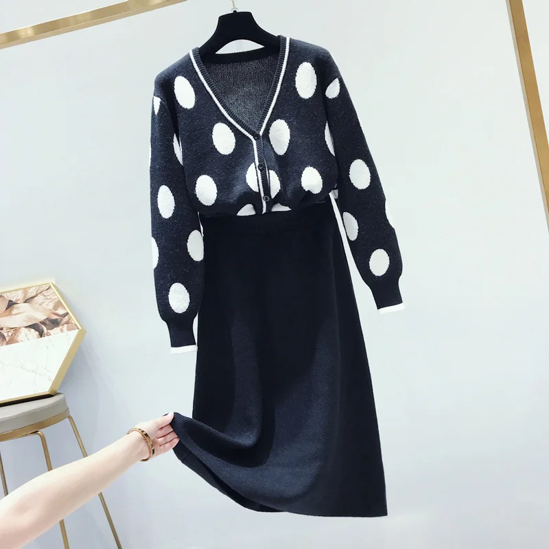 Женская сладкая корейская одежда 2 шт. Наборы весна осень Cute Dot V-образным вырезом свитер+ юбка спортивный костюм женский комплект одежды
