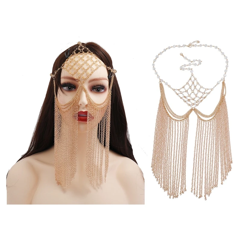 

Women Crystal Beading Masquerade Veil Metal Tassel Face Chain Belly Dance Stage Cosplay Party Headband Festival Hair Jewelry
