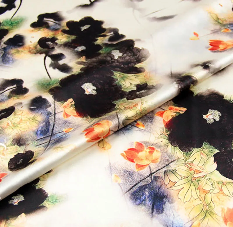 китайский стиль чернила с цветочным принтом шелковая ткань для платья шелковый