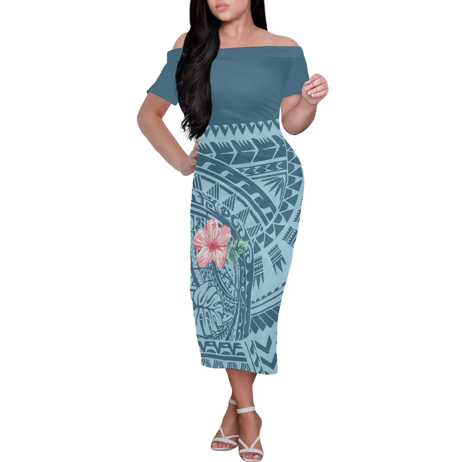

Polynesian Tribal Hibiscus Print Skirt Women's Evening Dress Summer Strapless Off Shoulder Short Sleeve Knee Length Long Dress