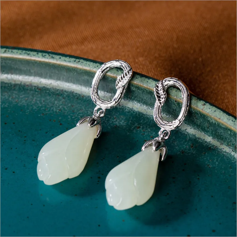 Женские серьги из серебра 925 пробы с натуральным нефритом | Украшения и
