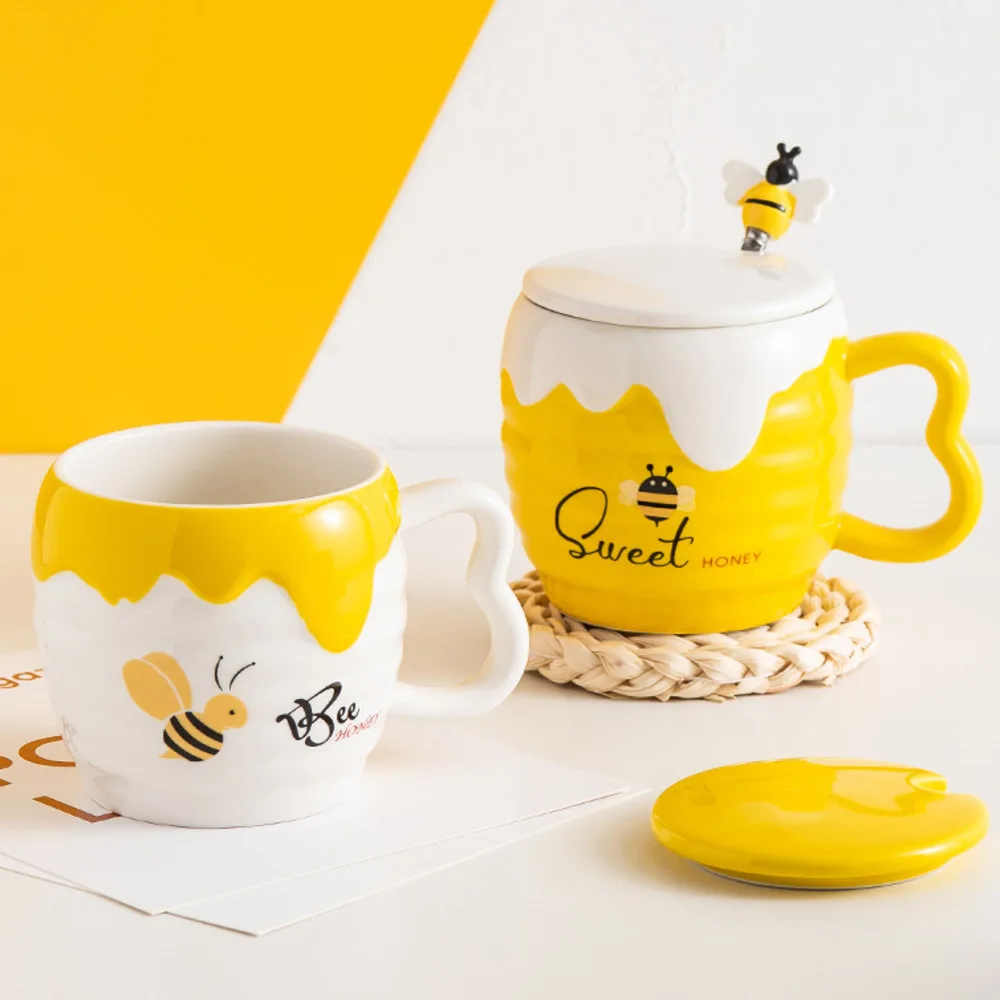 

Creative Ceramic Cup with Cover Cartoon Cute Bee Mug Office Coffee Water Tea Practical Advertising Gift