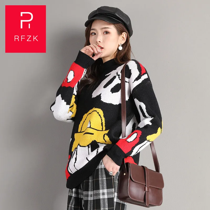 Rfzk 2020 новый свитер с мультяшным принтом вязаные зимние пуловеры свободный
