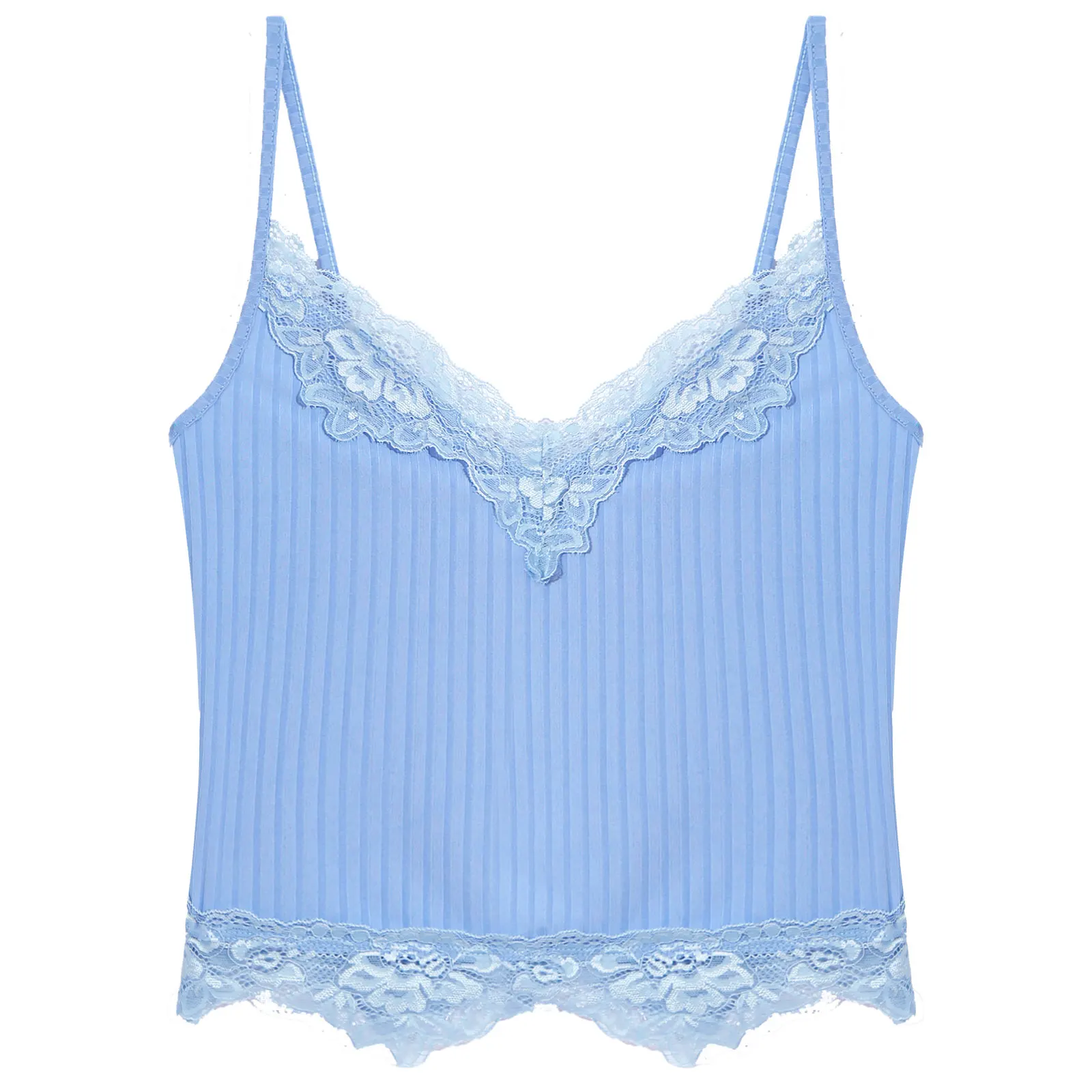

Womens Lace Trimming V Neck Crop Top Summer Beach Solid Color Tank Top Sleeveless Ribbed Camisole Spaghetti Strap Vest