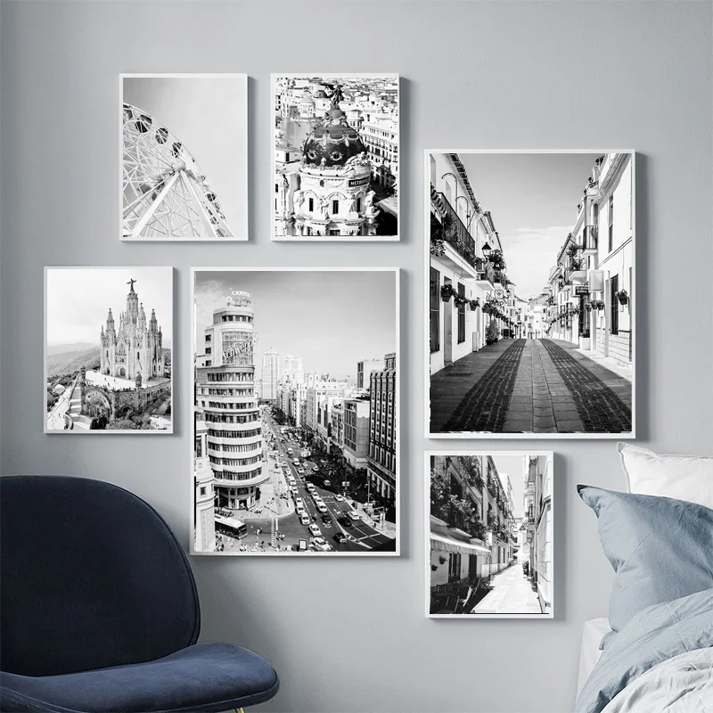 Винтажный винтажный городской постер черного цвета в Мадридском стиле пейзаж