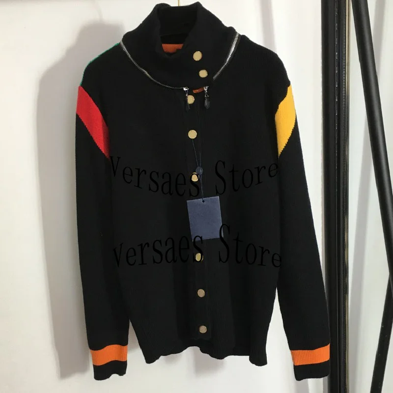 

2021 luxury design hardware button women's knitted cardigan single row button stand collar long sleeve sweater knitted cardigan