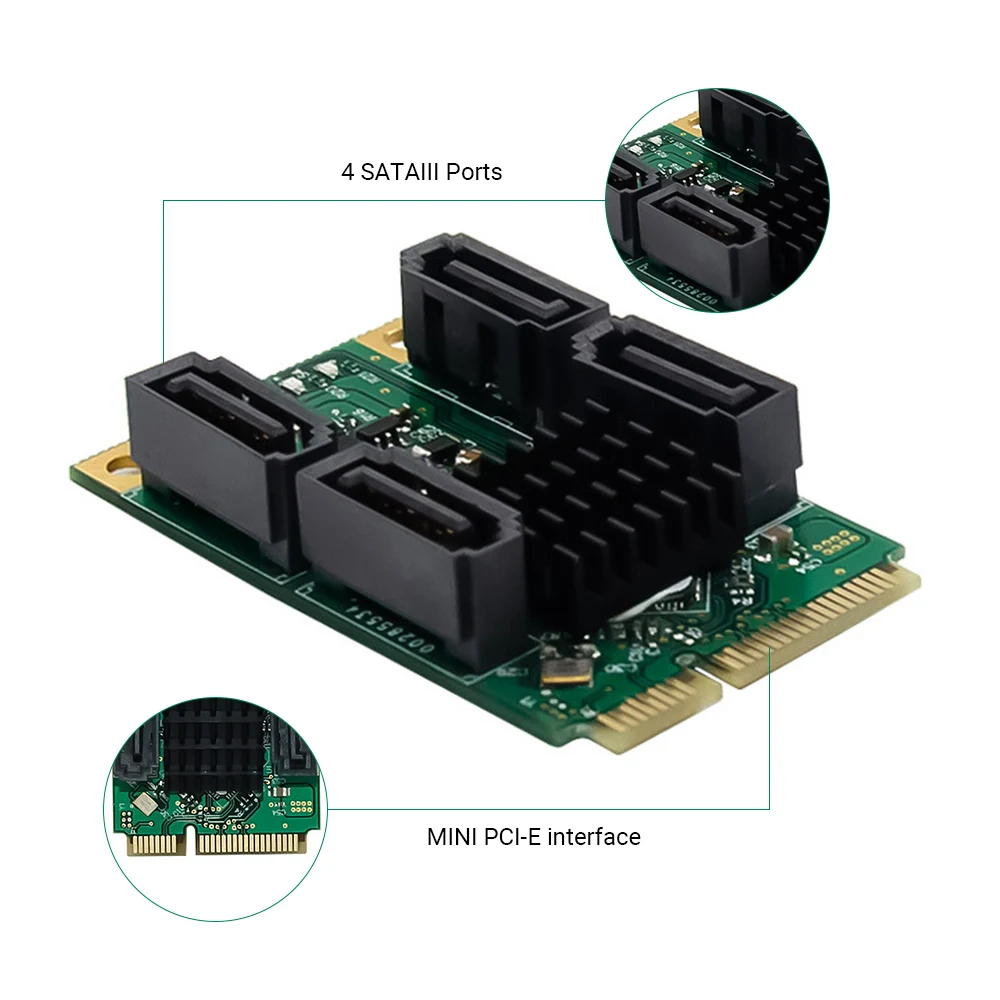 

Mini PCI-E to 4 Ports SATA 3.0 6Gb/s Disk Expansion Card Converter 88SE9215 Chip PCIe Riser Card for PC Computer