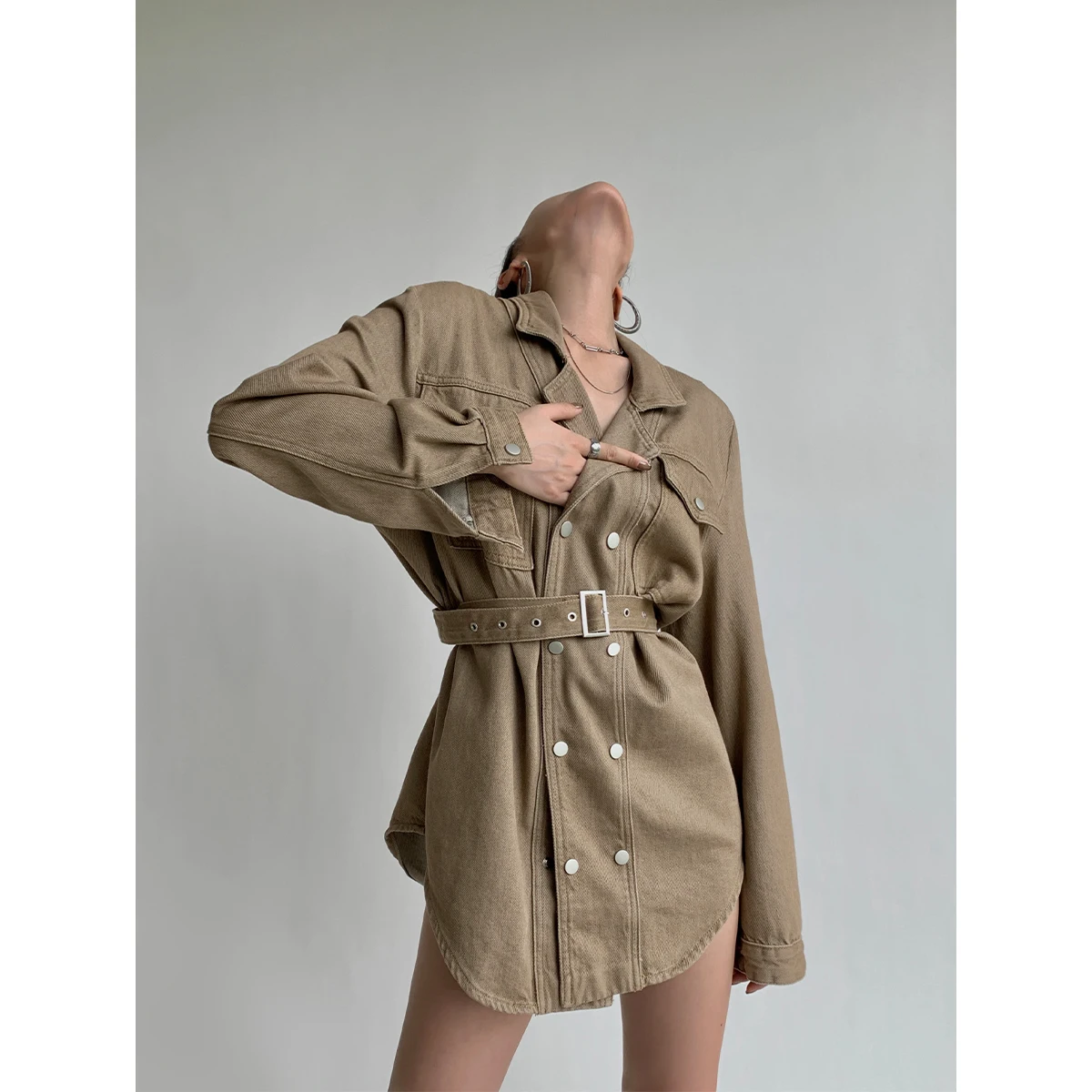 

HESAPP Hong Kong-flavored salt series wear mid-length denim jacket waist bf wind tooling jacket tide ins wind veste longue