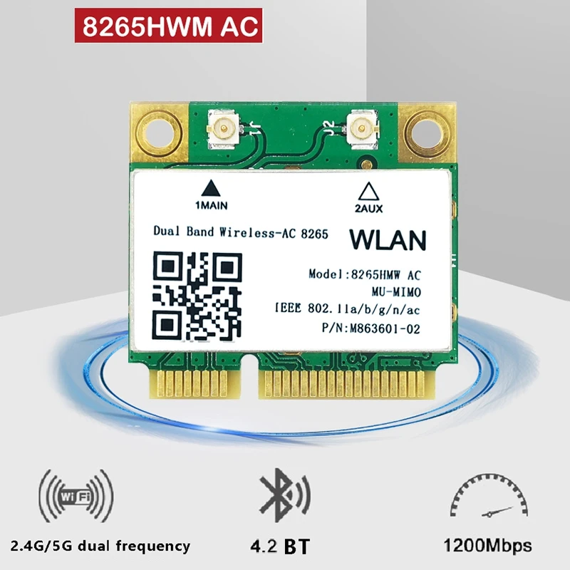 

WiFi Card 1200M 2.4/5G Mini PCIE Support MU-MiMO Bluetooth 4.2 with Antenna for Win7 Win 8 Win 10 Linux