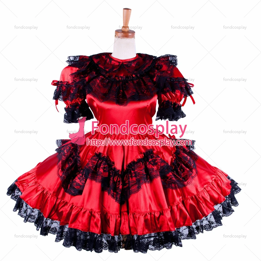 fondcosplay adult sexy cross dressing sissy maid short lockable red Satin dress Uniform costume Tailor-made[G1590] |