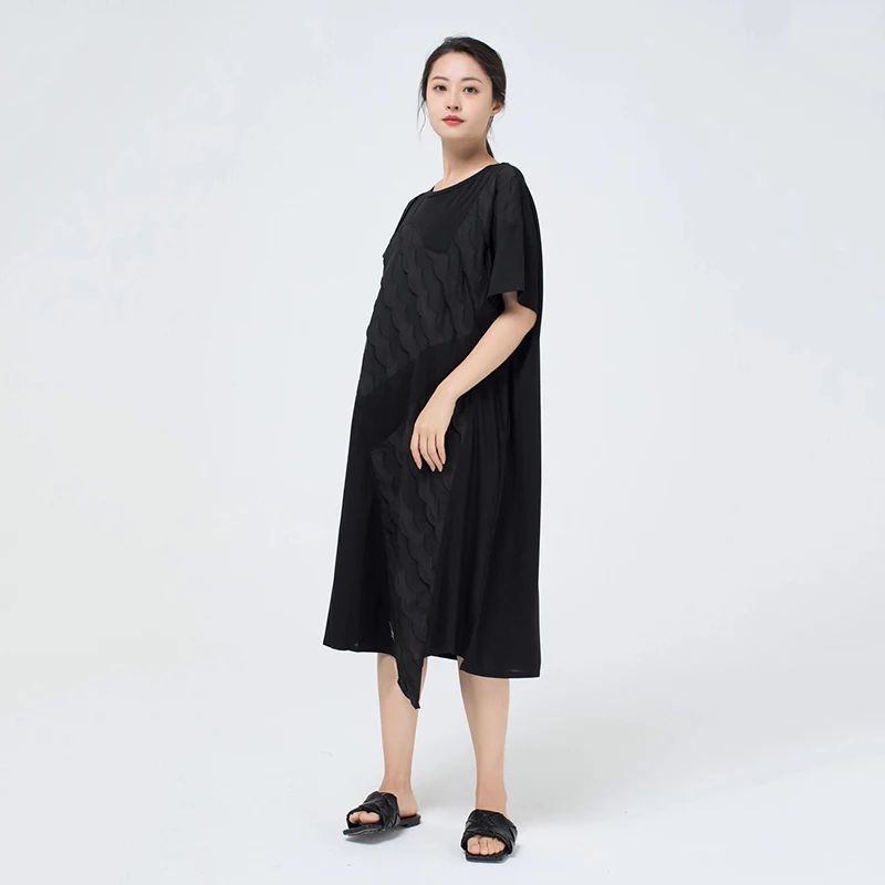 

CHICEVER Black Dress For Women O Neck Short Sleeve Patchwork Ruffles Designer Hit Color Mid Dresses Female 2021 Spring Clothing