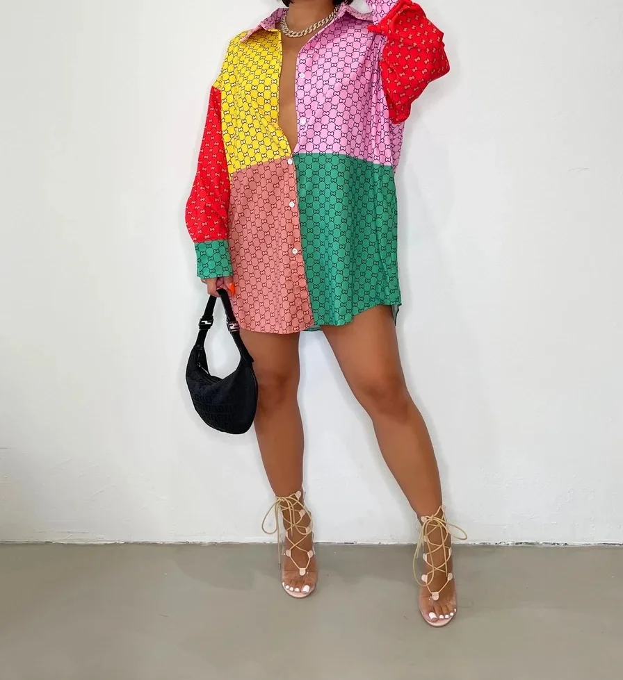 

2021 new Women's Dress Long Sleeve Lapel Single Breasted Casual loose Sexy Color Contrast Fashion Medium Length Shirt Dress